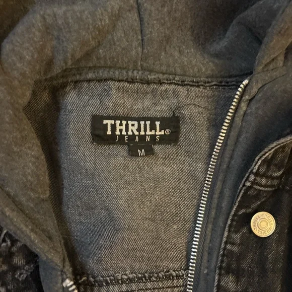 Thrill Black Denim Jacket with Gray Hoodie - Picture 3 of 3